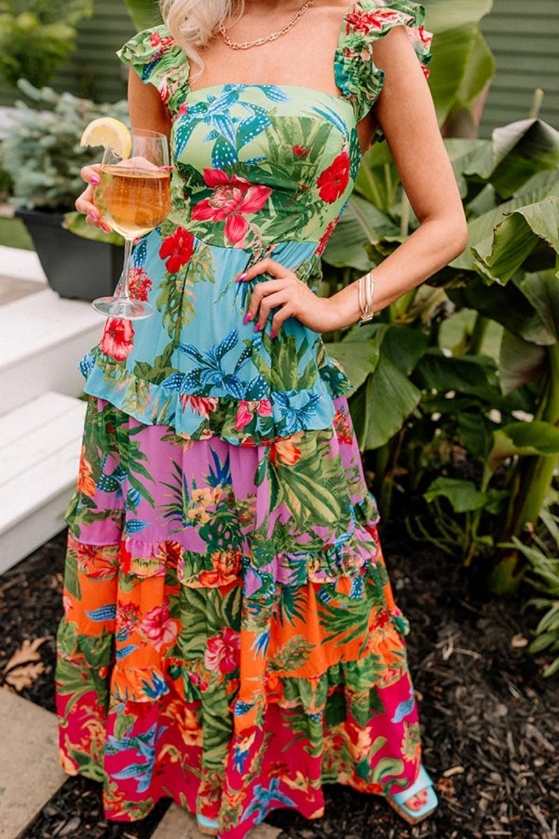 Robes longues décontractées à imprimé floral, patchwork, dos nu et col rond.