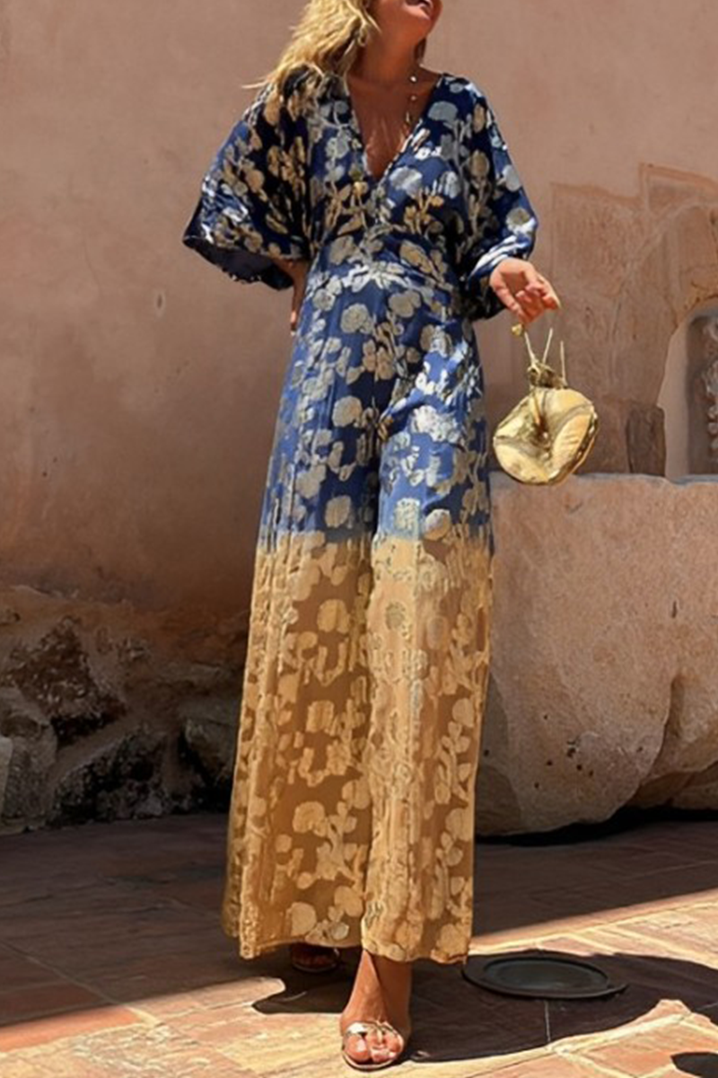 Combinaisons amples décontractées à imprimé dégradé, motif bronze, col en V, pour tous les jours.