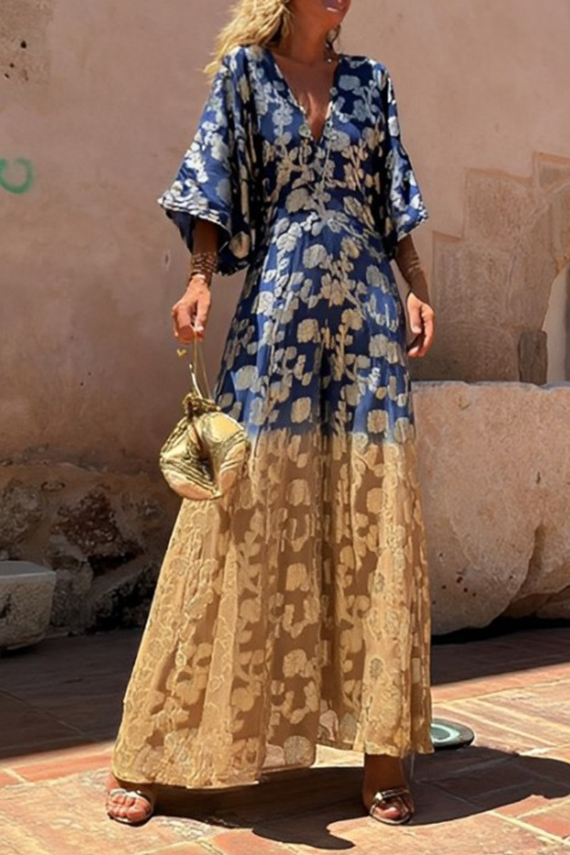 Combinaisons amples décontractées à imprimé dégradé, motif bronze, col en V, pour tous les jours.