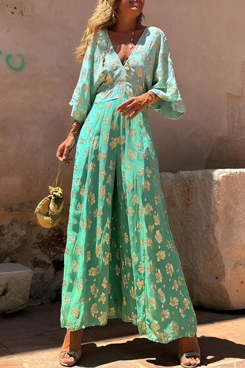 Combinaisons amples décontractées à imprimé dégradé, motif bronze, col en V, pour tous les jours.