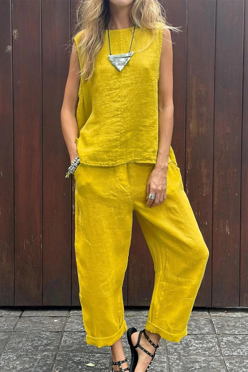 Tenue décontractée, deux pièces, sans manches, col rond, poches, couleur unie (7 couleurs)