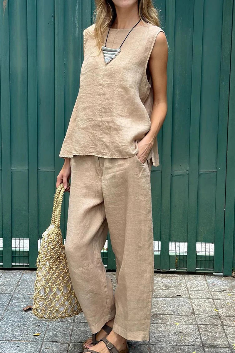 Tenue décontractée, deux pièces, sans manches, col rond, poches, couleur unie (7 couleurs)