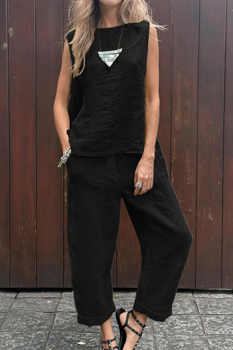 Tenue décontractée, deux pièces, sans manches, col rond, poches, couleur unie (7 couleurs)