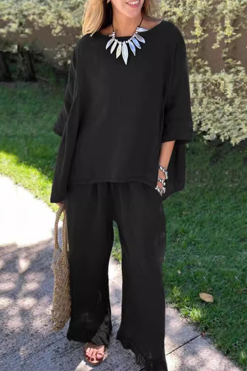 Ensemble deux pièces décontracté, uni, avec poches, col rond, manches courtes (6 couleurs)