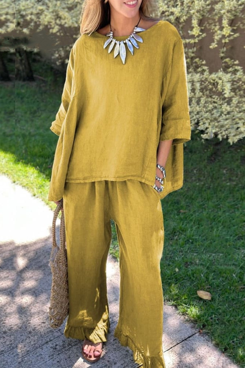 Ensemble deux pièces décontracté, uni, avec poches, col rond, manches courtes (6 couleurs)