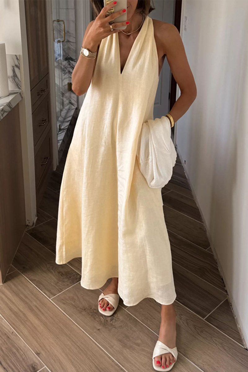 Robes décontractées, quotidiennes, unies, à poches, à col en V, sans manches.