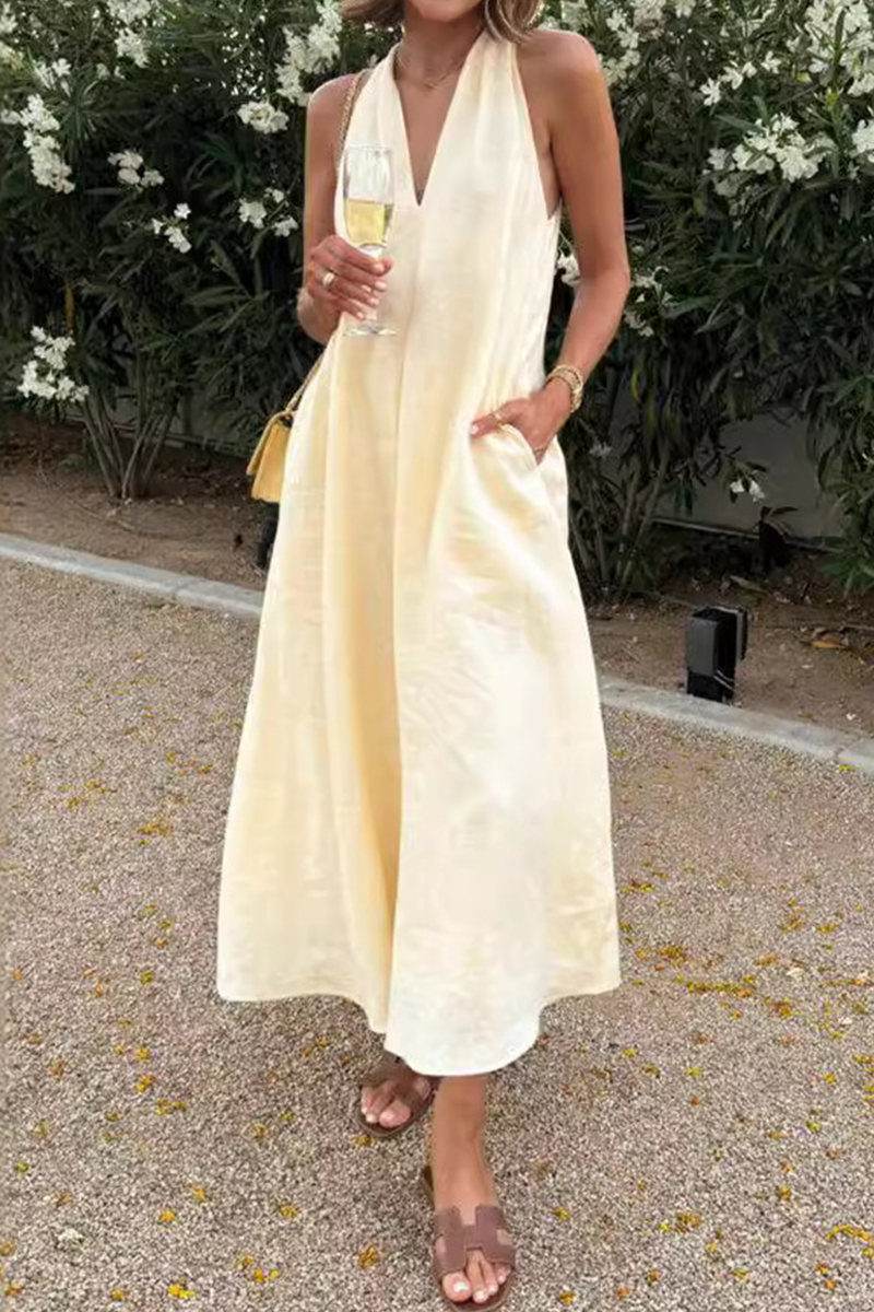 Robes décontractées, quotidiennes, unies, à poches, à col en V, sans manches.