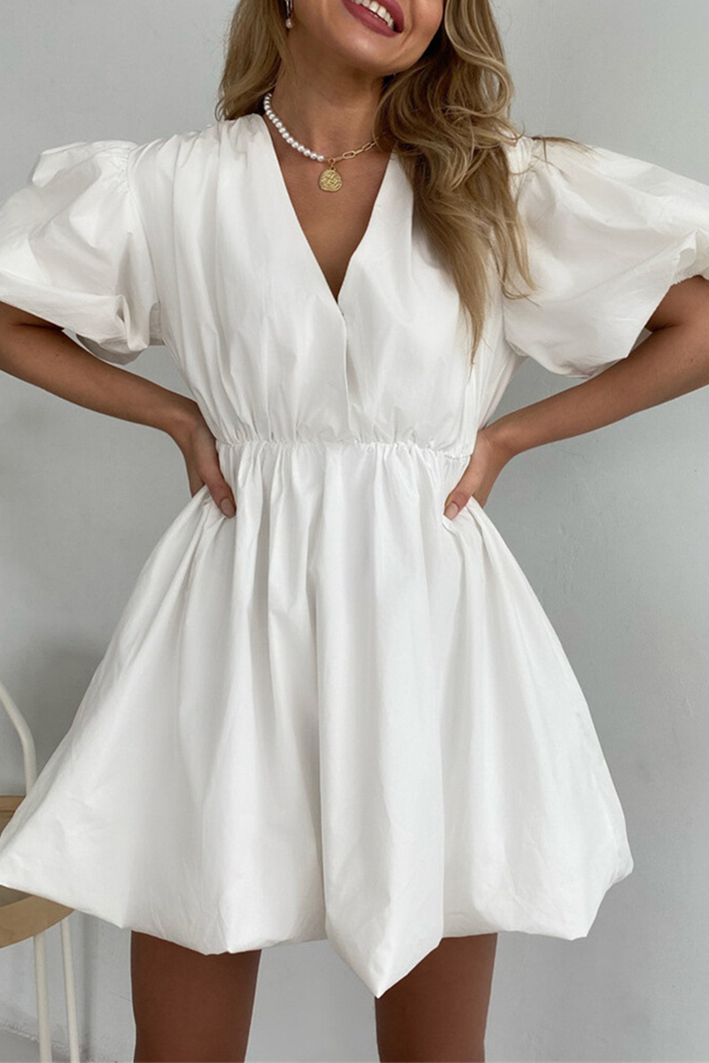 Robe princesse décontractée, couleur unie, à manches courtes, avec col en V et volants (5 couleurs)