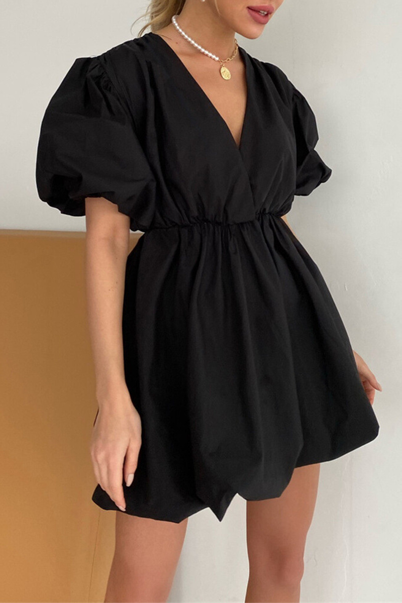 Robe princesse décontractée, couleur unie, à manches courtes, avec col en V et volants (5 couleurs)