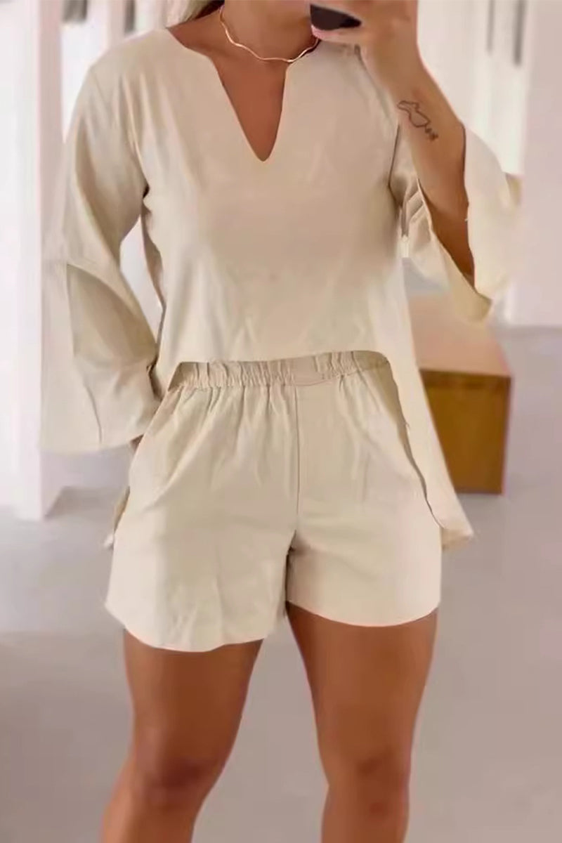 Ensemble deux pièces décontracté, uni, à manches longues, avec poches et col en V.