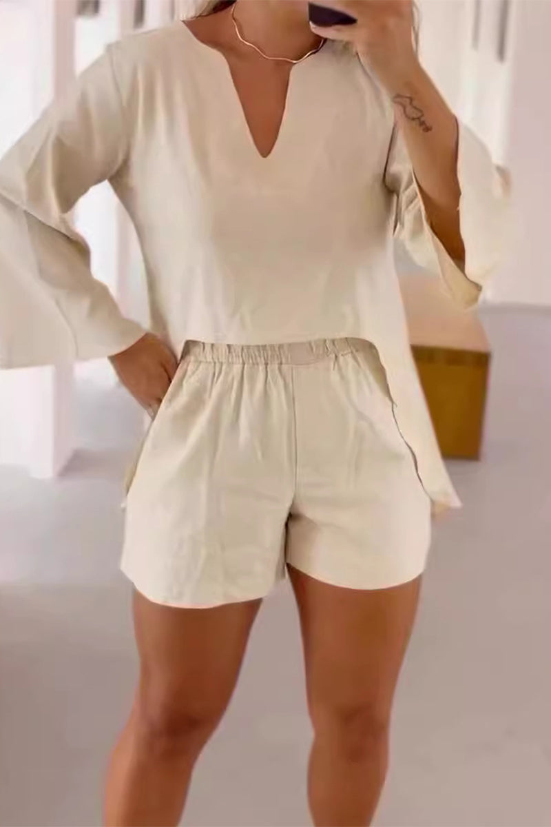 Ensemble deux pièces décontracté, uni, à manches longues, avec poches et col en V.