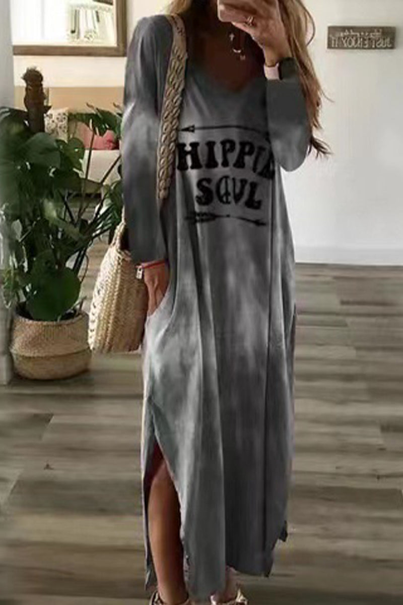 Robes décontractées à porter au quotidien, imprimé dégradé, imprimé lettres, poches, col en V, manches longues.