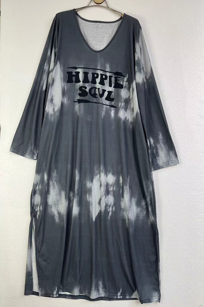 Robes décontractées à porter au quotidien, imprimé dégradé, imprimé lettres, poches, col en V, manches longues.