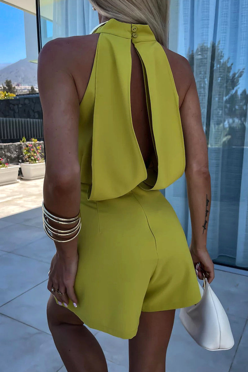 Combinaison décontractée, dos nu, à demi-col montant, à fermeture éclair, couleur unie (4 couleurs)