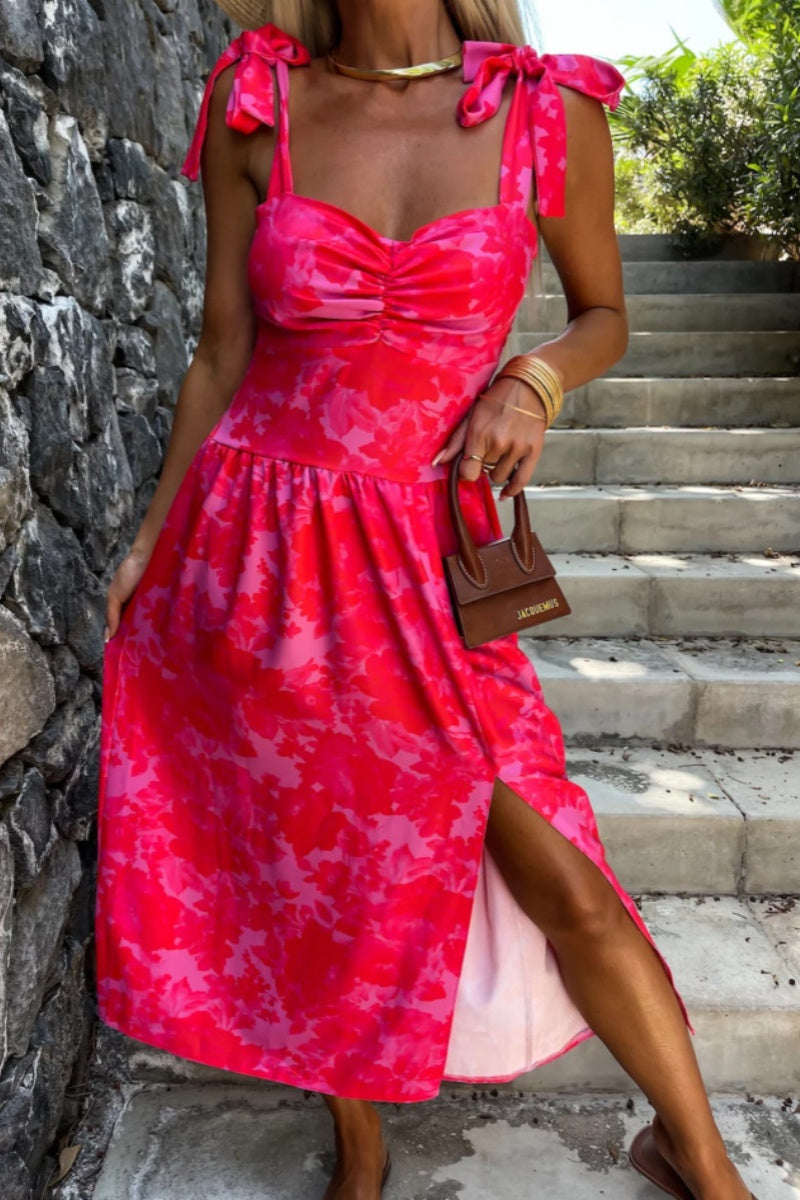 Robes décontractées, unies, à imprimé floral, dos nu, fendu, ceinturées, à bretelles spaghetti, sans manches (7 couleurs)