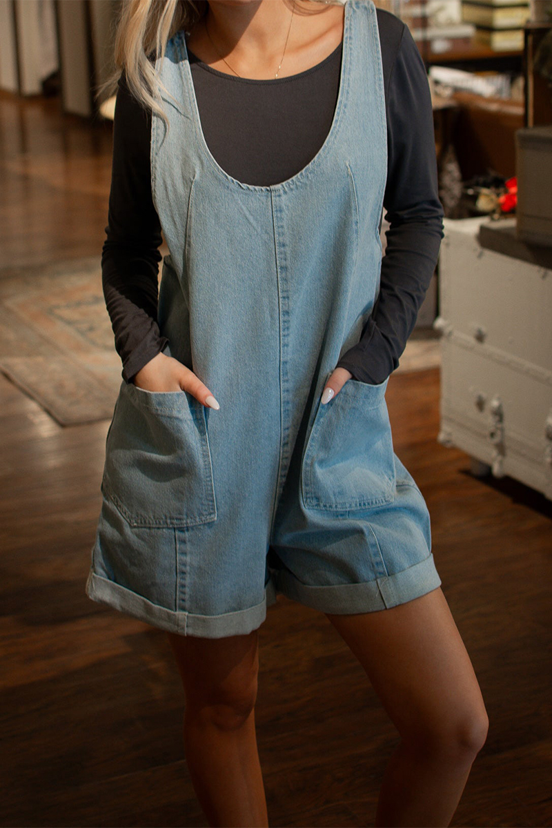 Combinaisons en jean décontractées, quotidiennes, unies, à poches, à col en U, sans manches et amples.