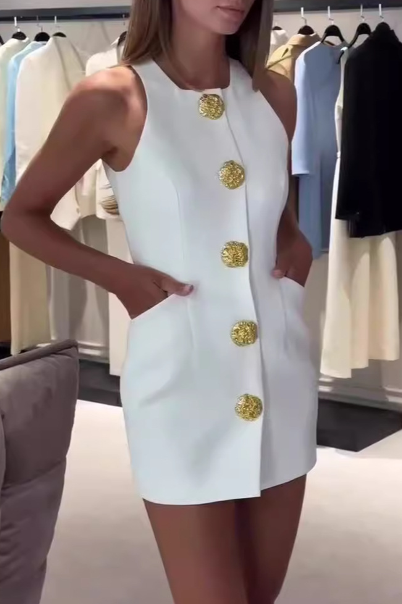 Robes-jupes quotidiennes pour célébrités, couleur unie, boutons, col rond, taille ceinturée.