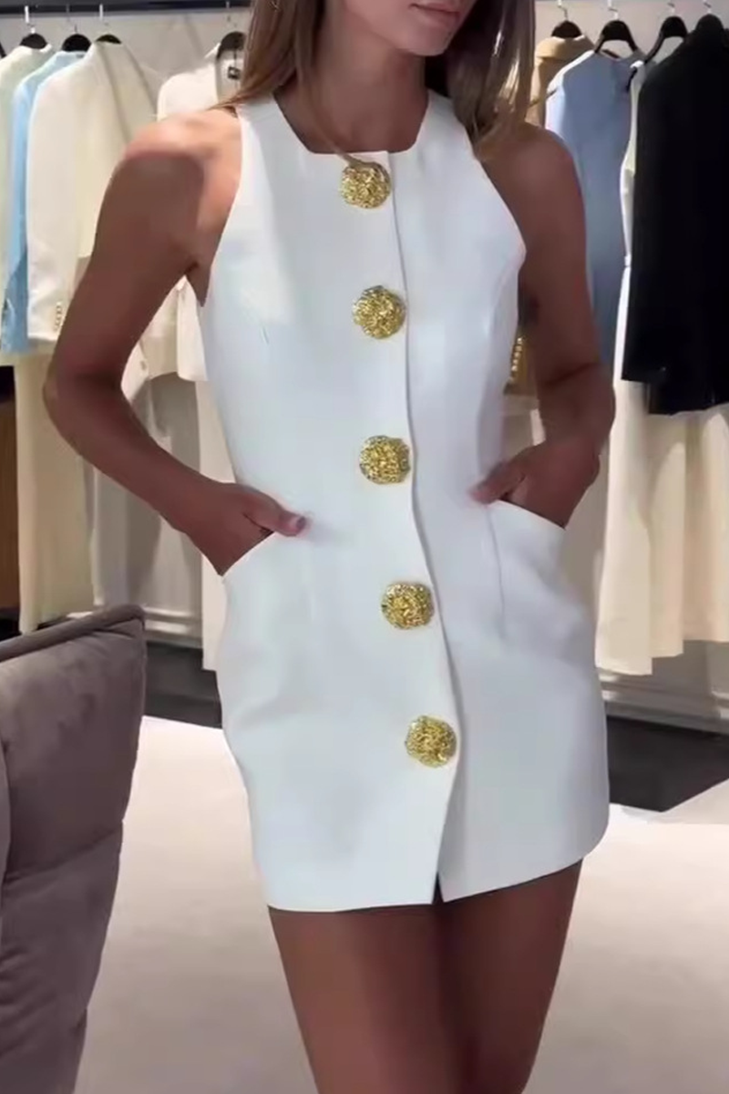 Robes-jupes quotidiennes pour célébrités, couleur unie, boutons, col rond, taille ceinturée.