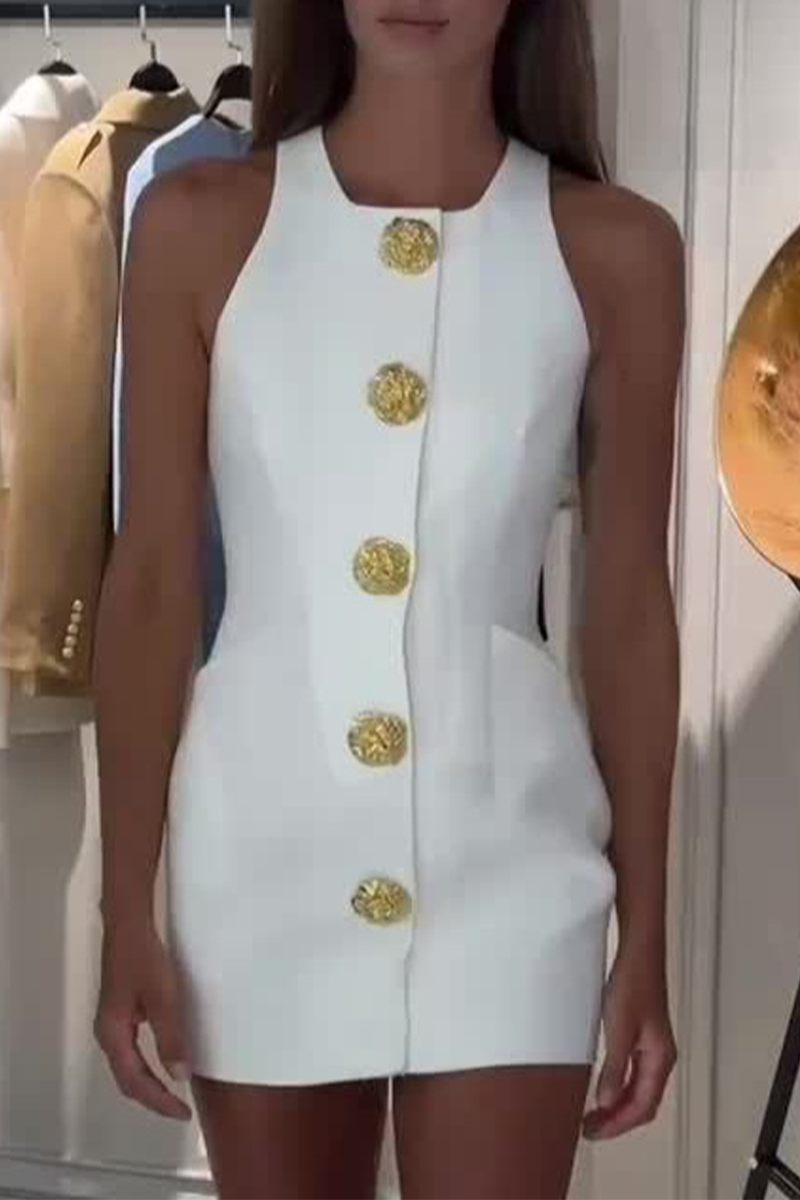 Robes-jupes quotidiennes pour célébrités, couleur unie, boutons, col rond, taille ceinturée.