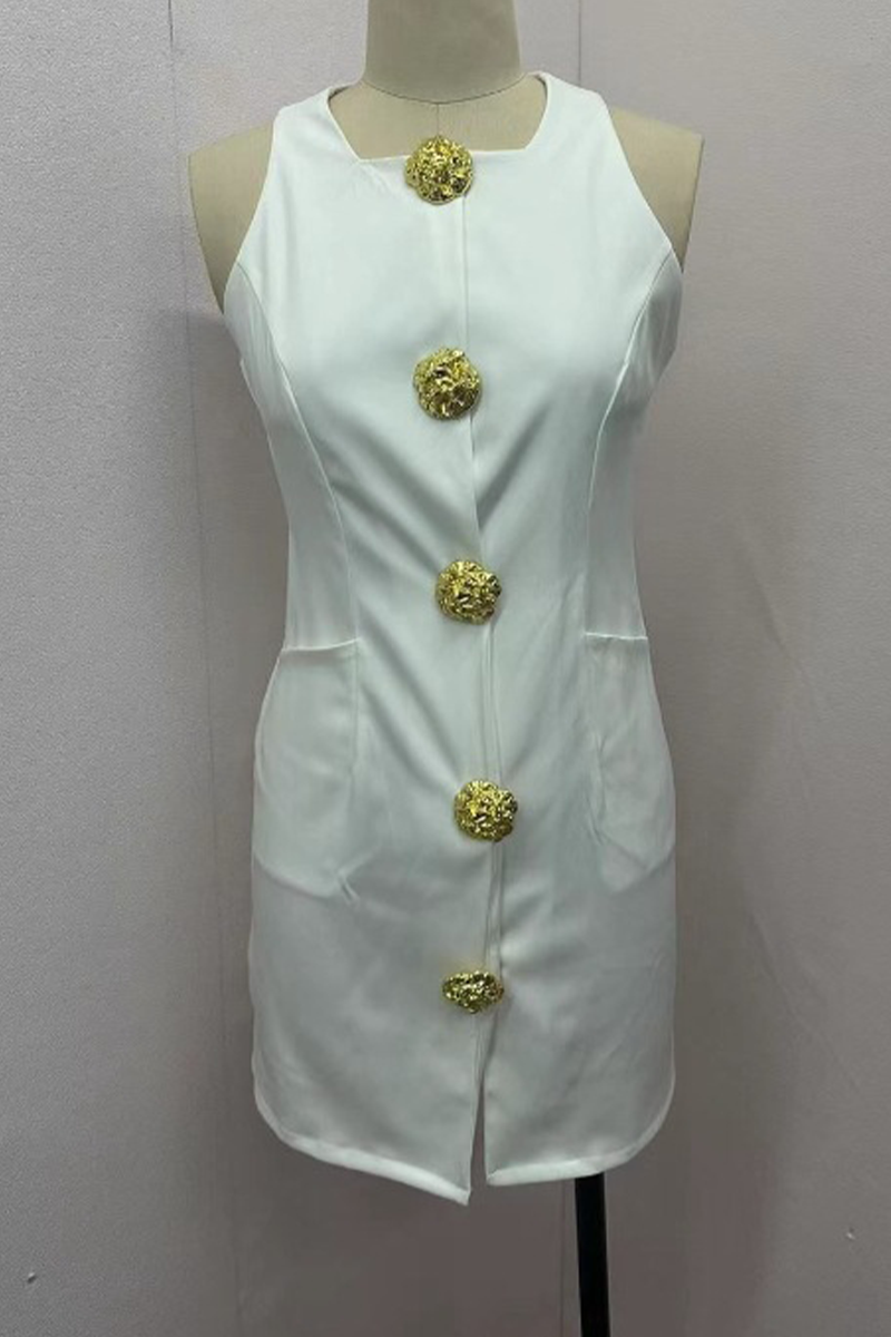 Robes-jupes quotidiennes pour célébrités, couleur unie, boutons, col rond, taille ceinturée.