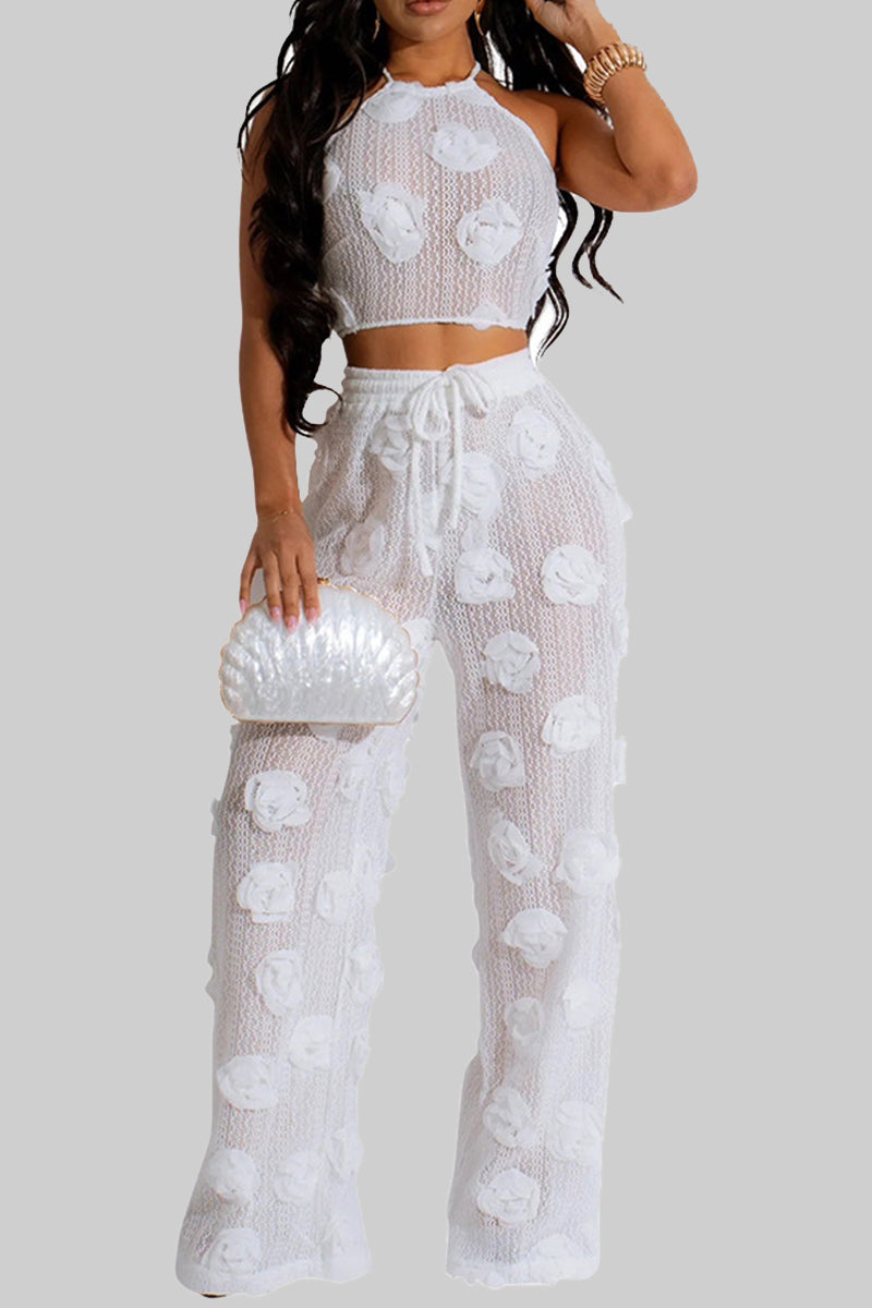 Halter deux pièces décontracté, patchwork floral, dos transparent, bretelles croisées, bretelles fines, sans manches.