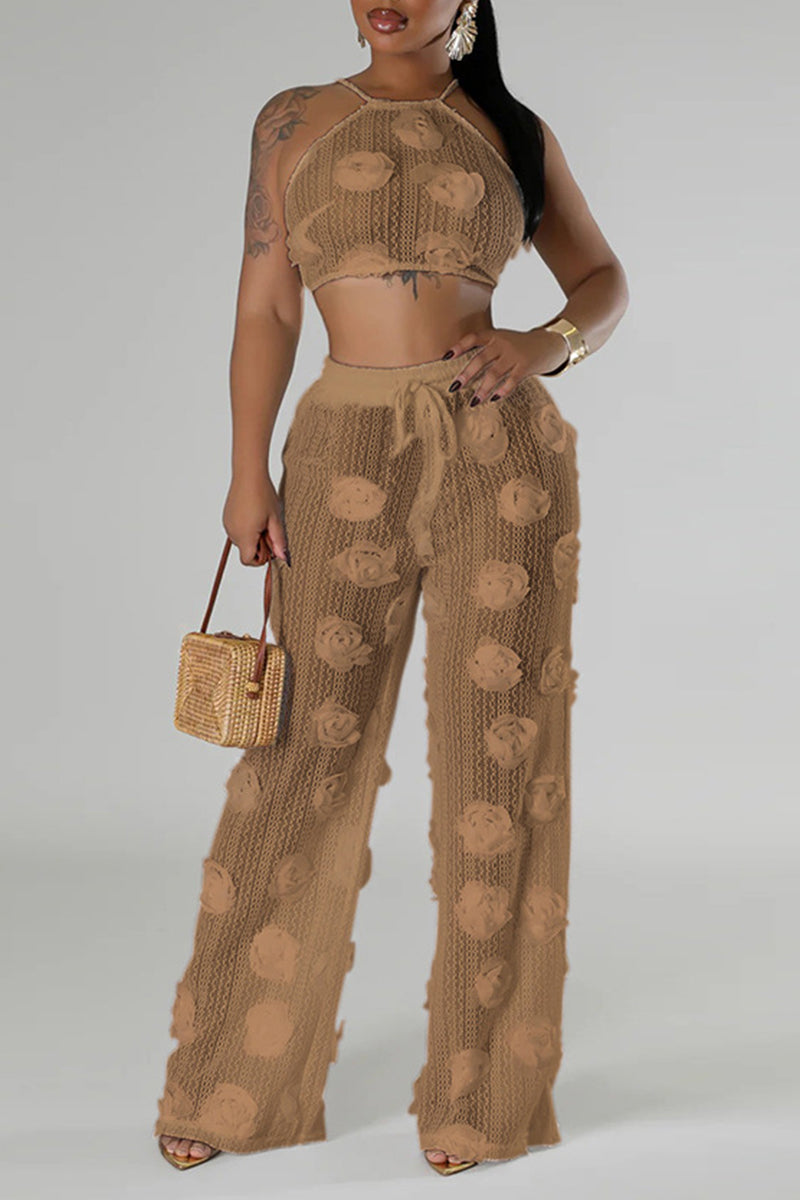 Halter deux pièces décontracté, patchwork floral, dos transparent, bretelles croisées, bretelles fines, sans manches.