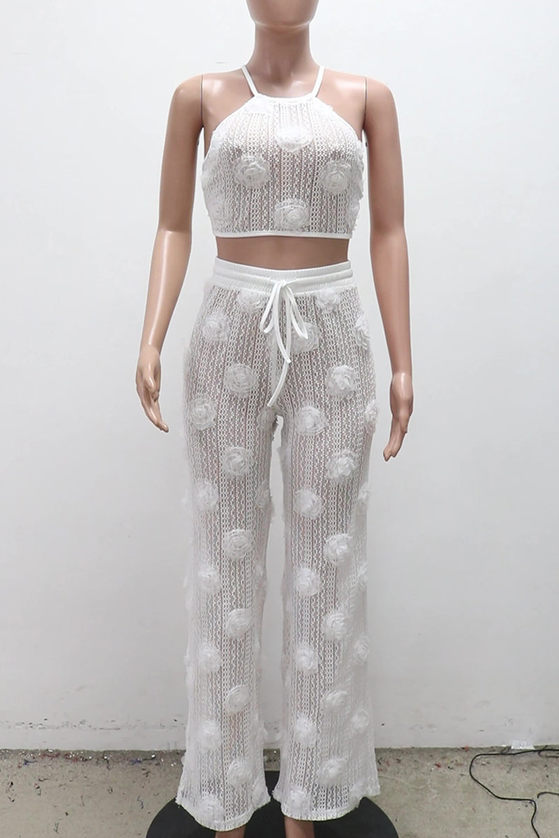 Halter deux pièces décontracté, patchwork floral, dos transparent, bretelles croisées, bretelles fines, sans manches.