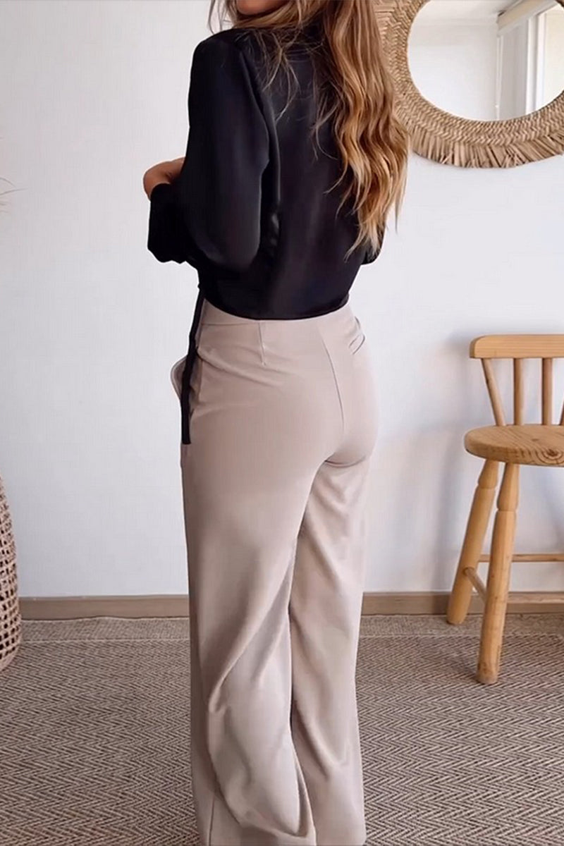 Ensemble deux pièces décontracté, uni, à manches longues, avec poches, boutons et col en V.