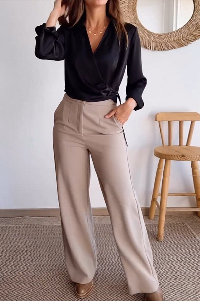 Ensemble deux pièces décontracté, uni, à manches longues, avec poches, boutons et col en V.