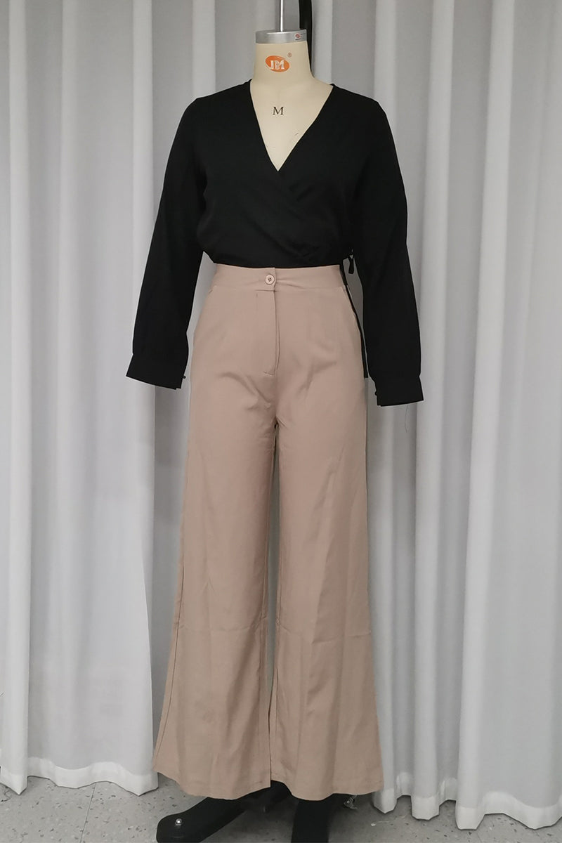 Ensemble deux pièces décontracté, uni, à manches longues, avec poches, boutons et col en V.