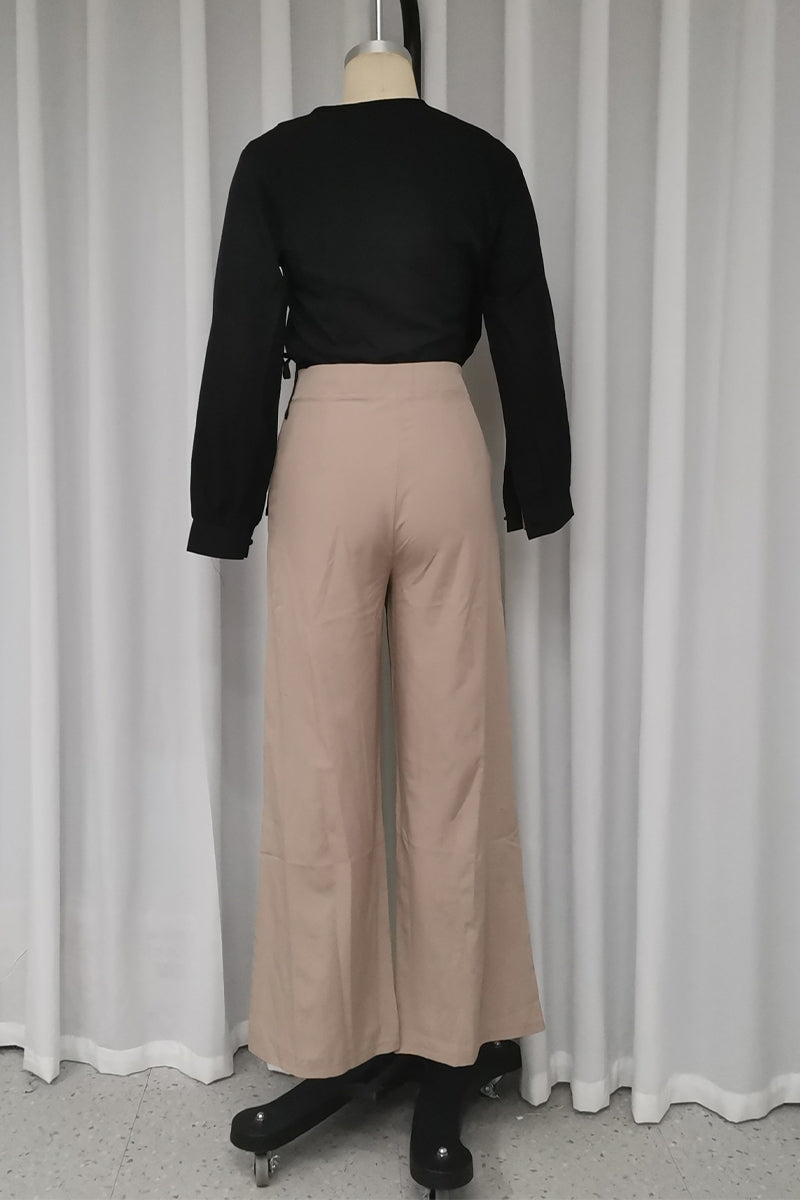 Ensemble deux pièces décontracté, uni, à manches longues, avec poches, boutons et col en V.