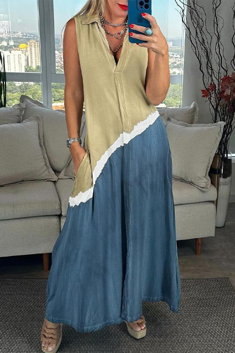 Robes décontractées sans manches, patchwork colorblock, poches, col montant contrasté (4 couleurs)