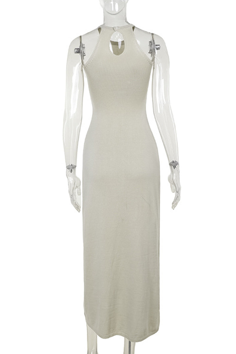 Robes moulantes en tricot, sans manches, à col montant, fendues, de couleur unie, sexy.