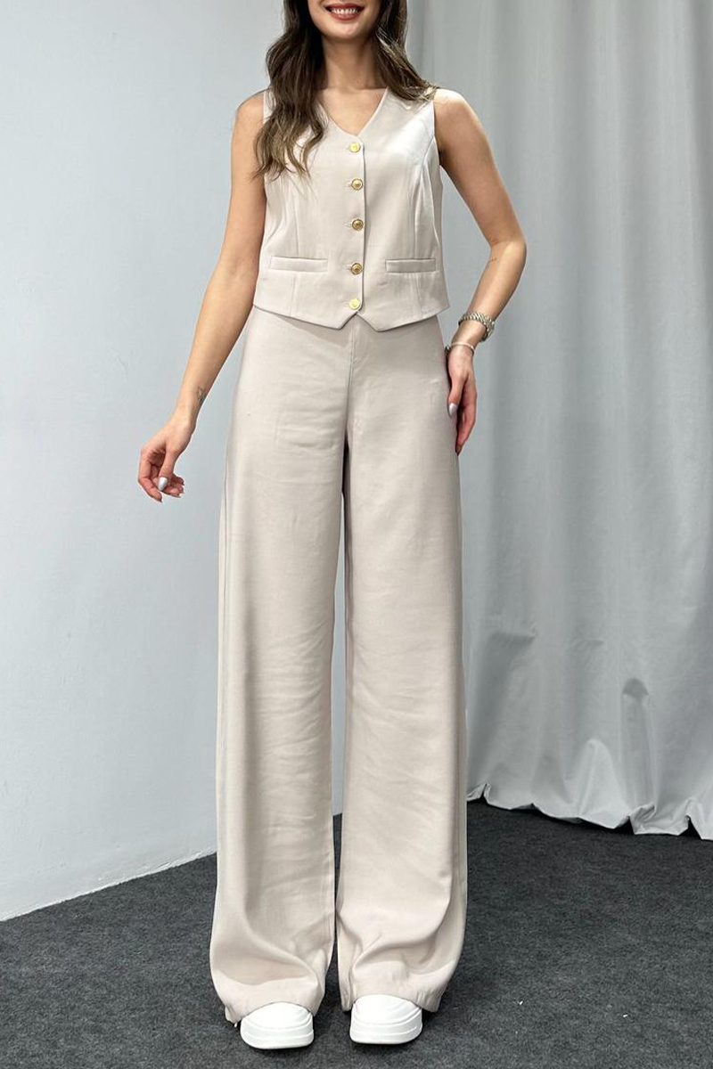 Casual Solid Color Buttons V Neck Sleeveless Two Pieces(4 Colors)