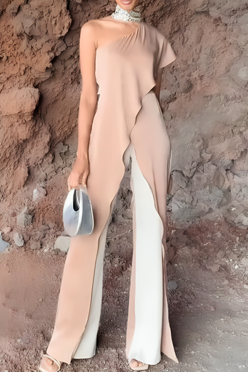 Combinaisons décontractées, couleur unie, patchwork, volants, fente, épaules dénudées.