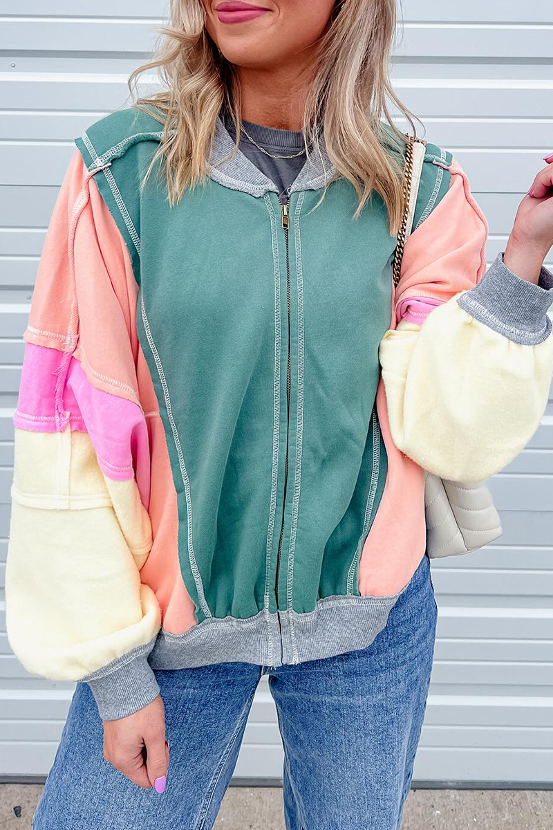 Vêtements d'extérieur décontractés, style streetwear, à motifs colorblock, effet usé, patchwork, col rond.