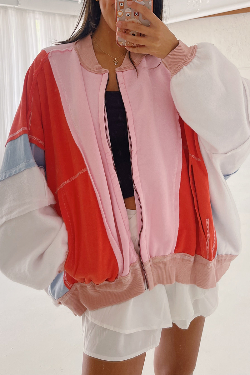 Vêtements d'extérieur décontractés, style streetwear, à motifs colorblock, effet usé, patchwork, col rond.