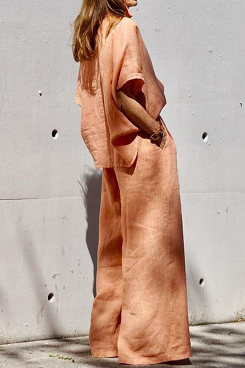 Ensemble deux pièces décontracté, uni, à manches courtes, avec col montant et poches.