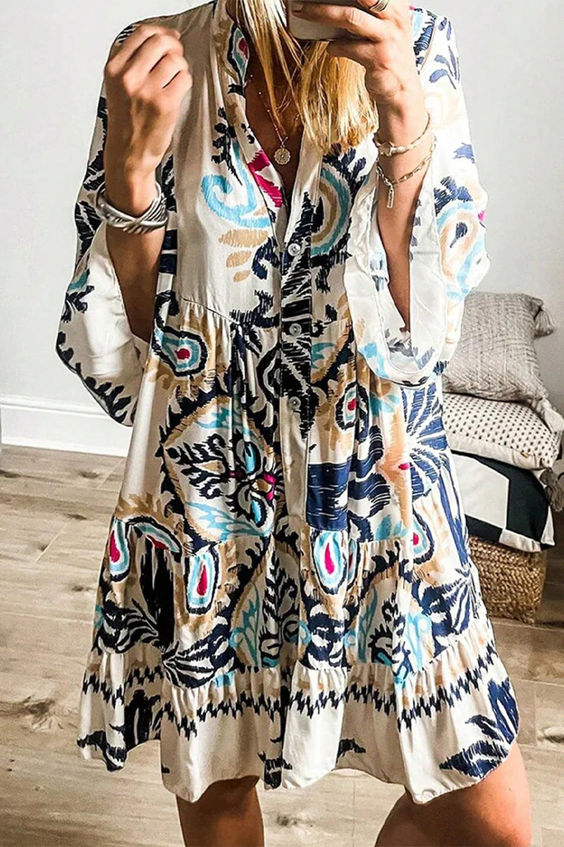 Robes décontractées du quotidien, style patchwork, col en V, volant, motif totem national, coupe en A.