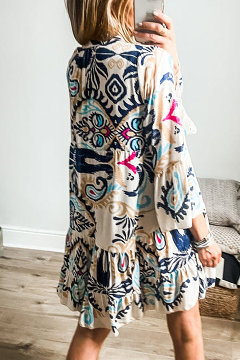 Robes décontractées du quotidien, style patchwork, col en V, volant, motif totem national, coupe en A.