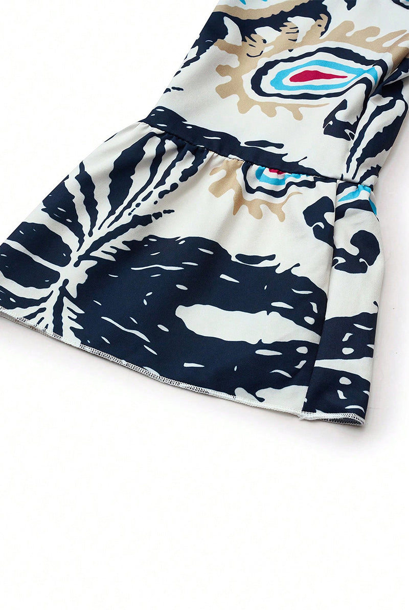 Robes décontractées du quotidien, style patchwork, col en V, volant, motif totem national, coupe en A.