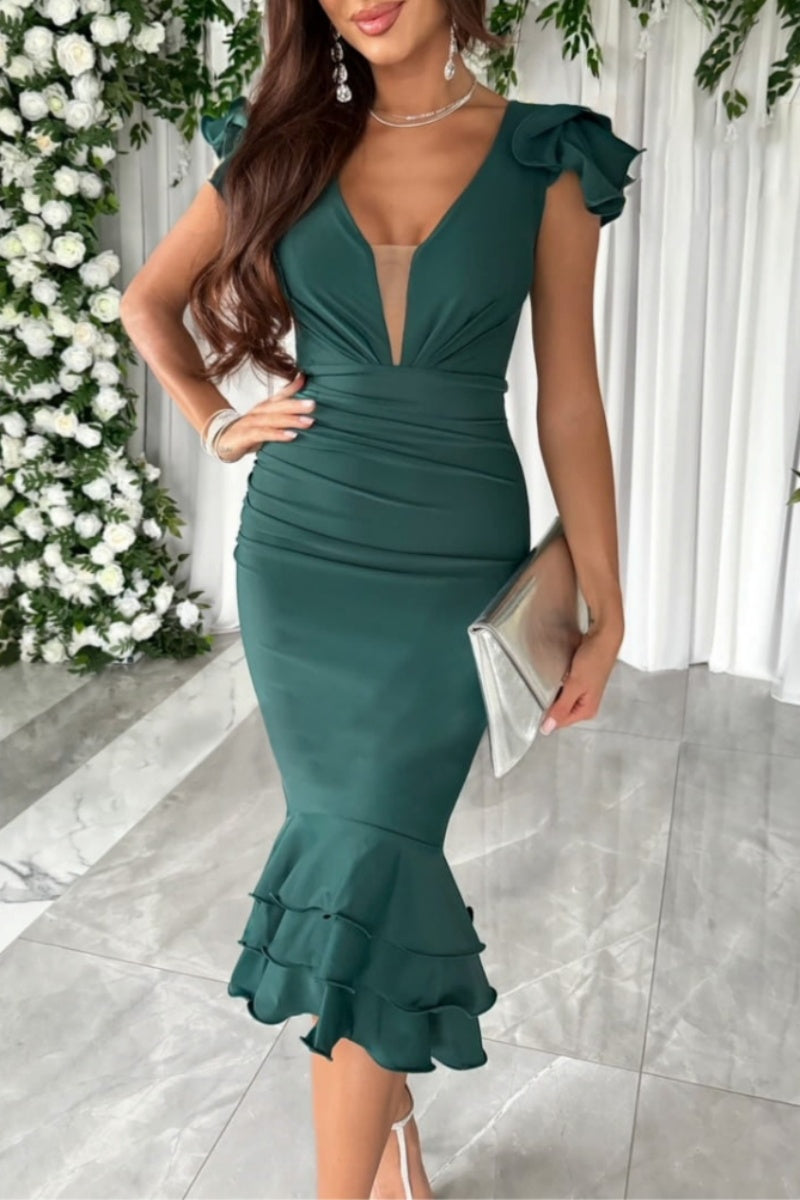 Robes-jupes portefeuille à col en V, en patchwork uni, style décontracté.