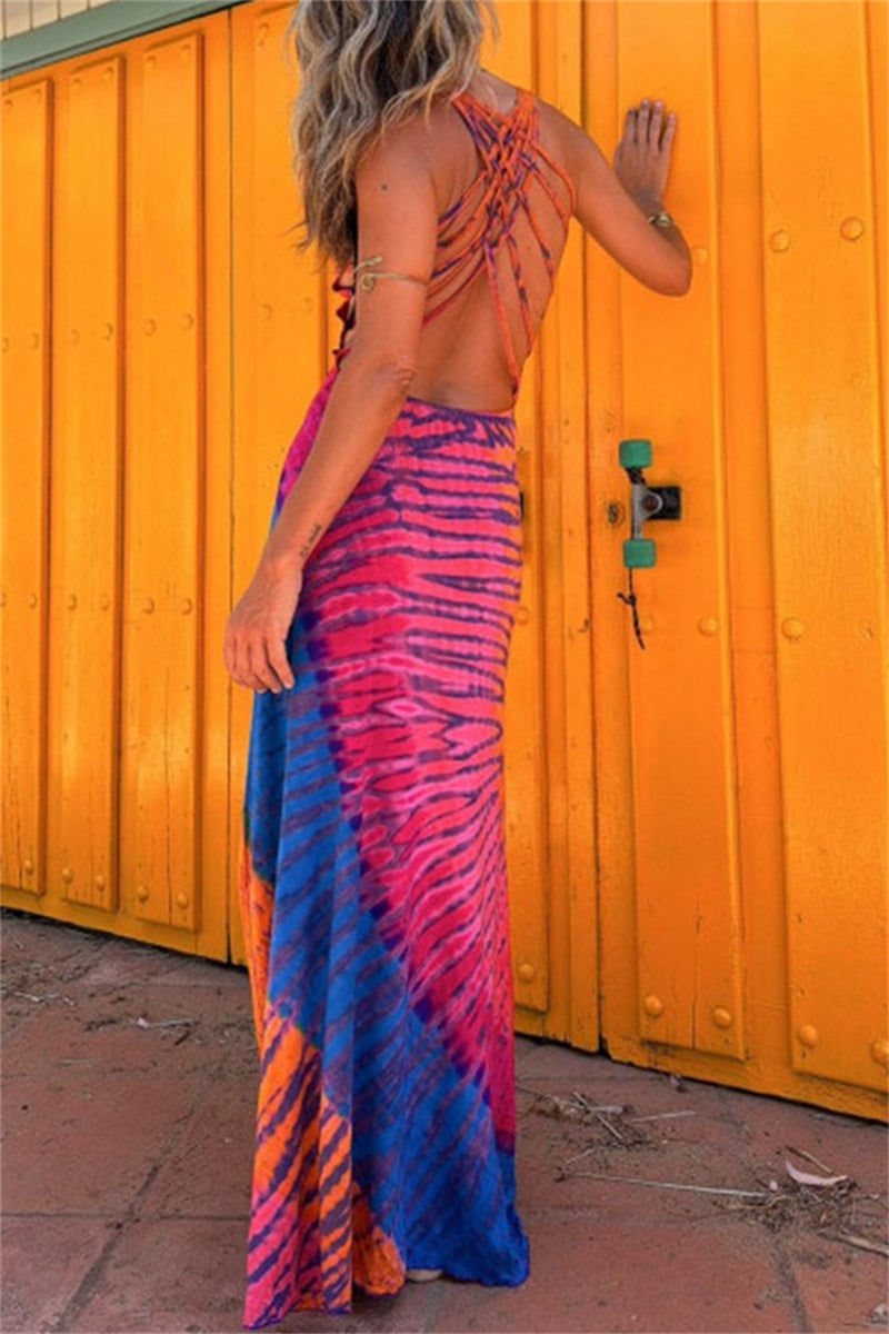 Robes longues décontractées imprimées, dos nu, col en U (3 couleurs)