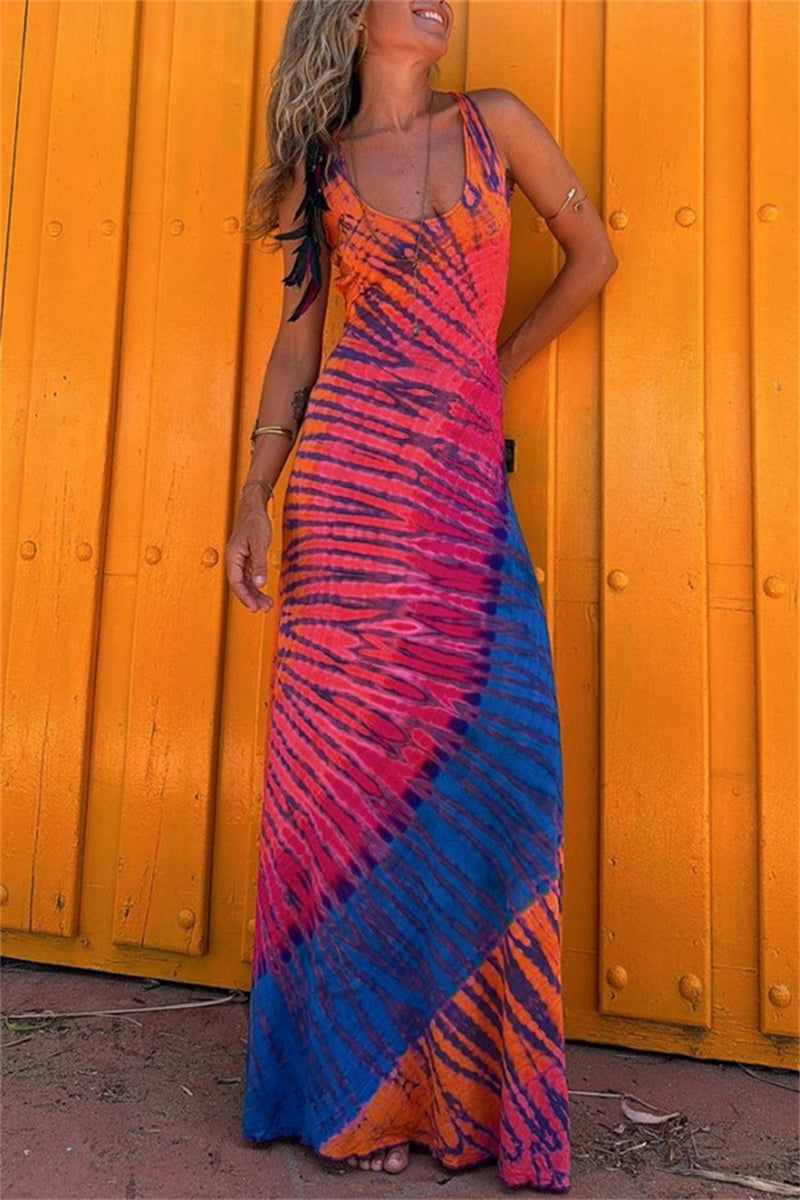 Robes longues décontractées imprimées, dos nu, col en U (3 couleurs)