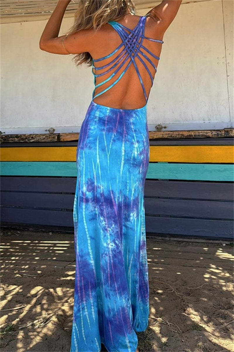 Robes longues décontractées imprimées, dos nu, col en U (3 couleurs)