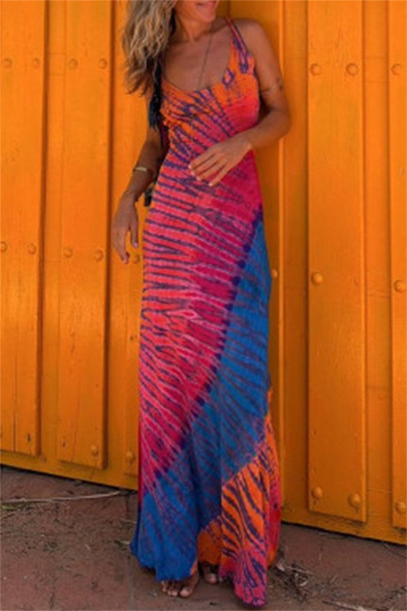 Robes longues décontractées imprimées, dos nu, col en U (3 couleurs)