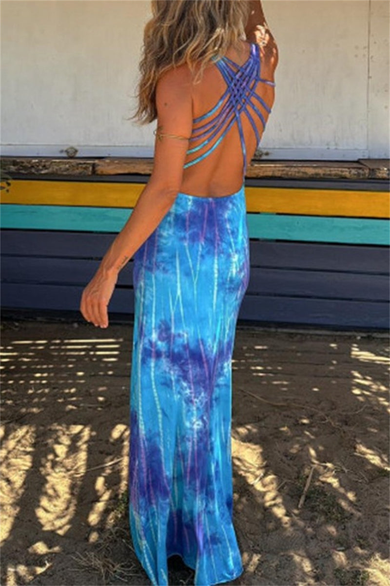 Robes longues décontractées imprimées, dos nu, col en U (3 couleurs)