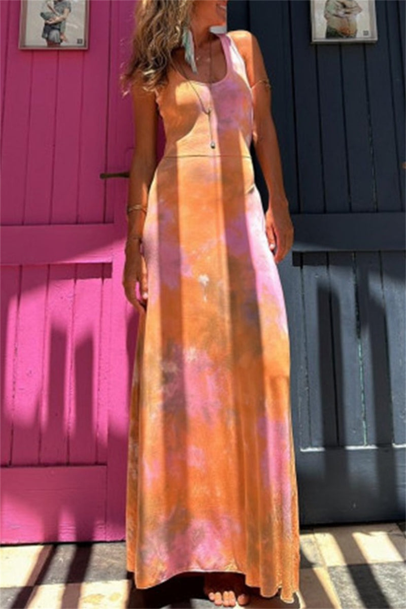 Robes longues décontractées imprimées, dos nu, col en U (3 couleurs)