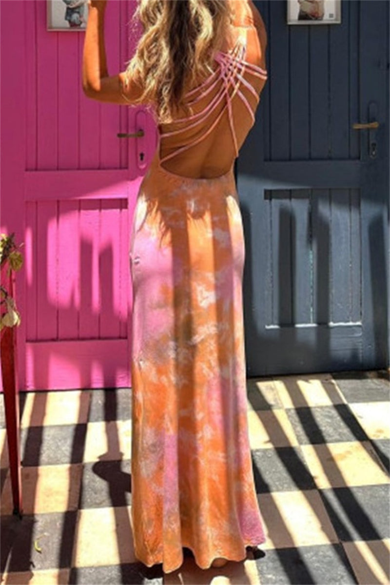 Robes longues décontractées imprimées, dos nu, col en U (3 couleurs)