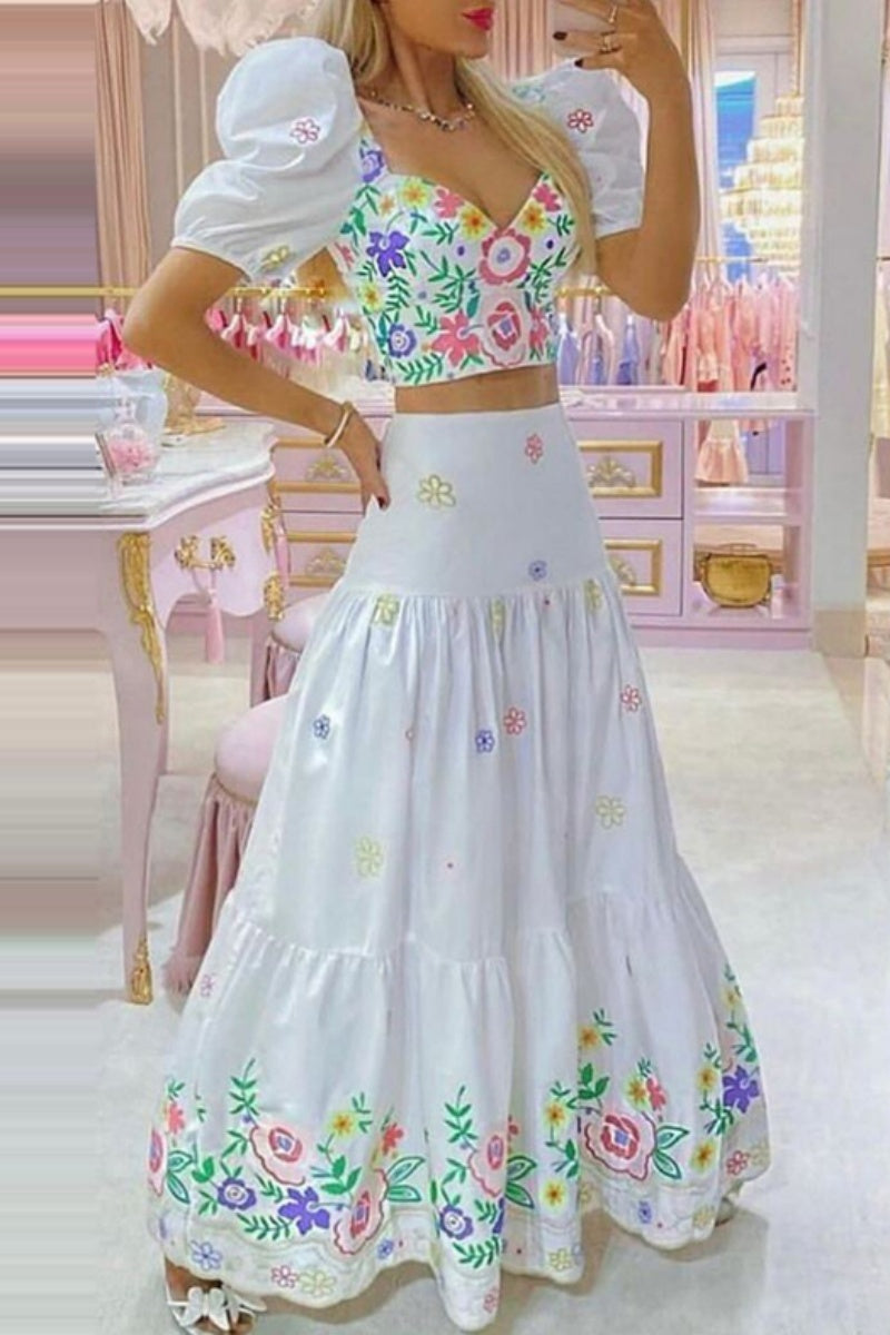 Ensemble deux pièces décontracté à imprimé floral, col en V, manches courtes.